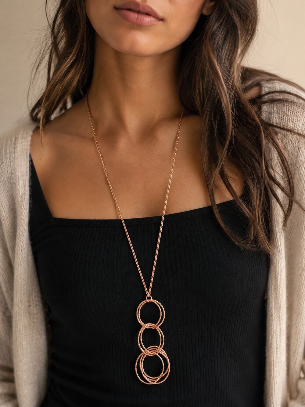Rose Gold Tone Long Layered Textured Circle Pendant Necklace Boho Statement